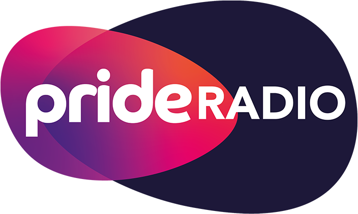 Pride Radio logo: white text on a purple and orange gradient oval within a dark purple oval.