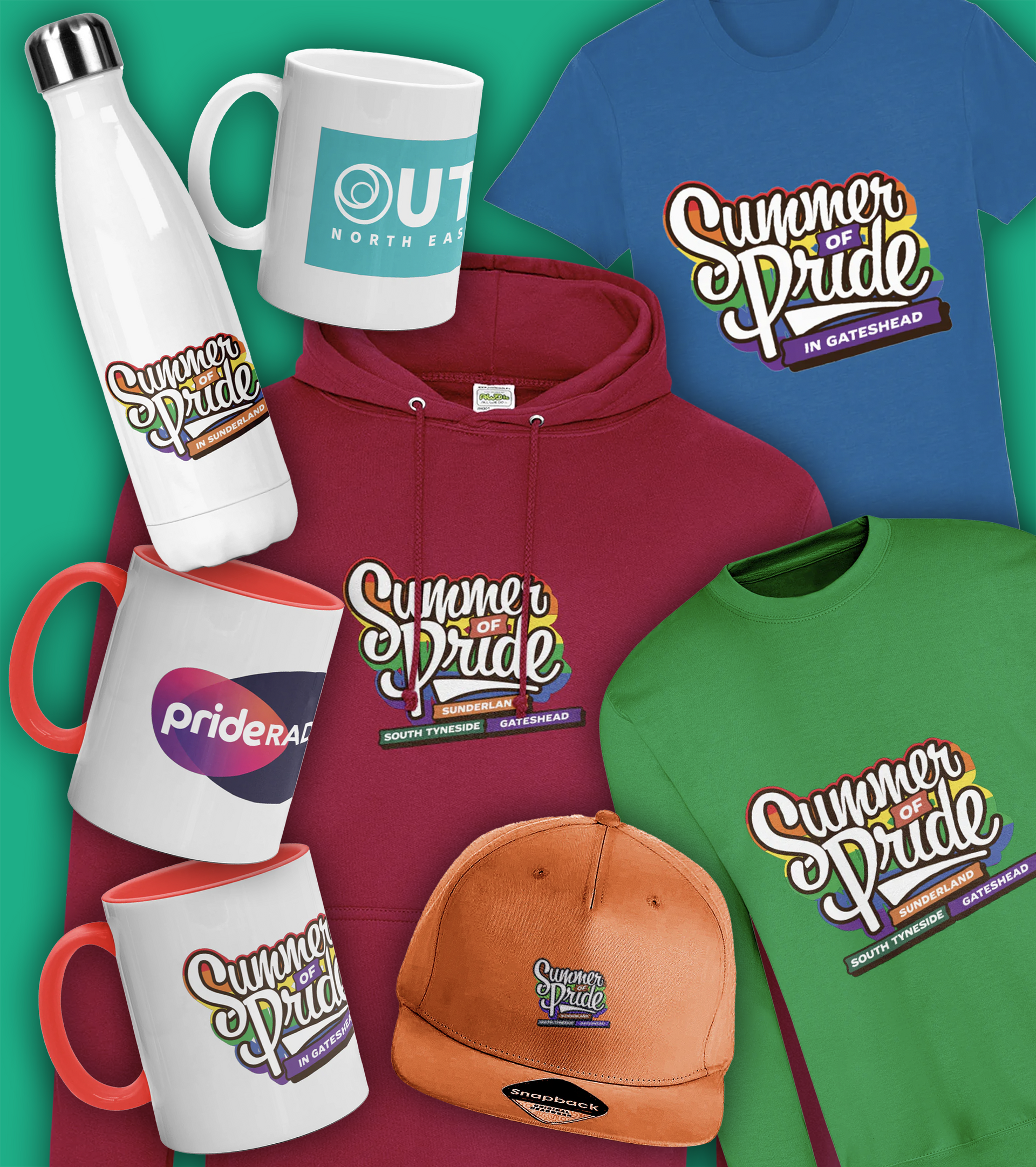 A variety of pride in gateshead products are displayed on a green background.
