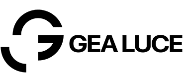 Un logo in bianco e nero per Gea Luce su uno sfondo bianco.