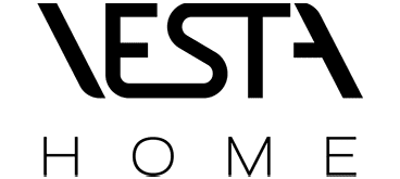 Un logo in bianco e nero per Vesta Home su uno sfondo bianco.