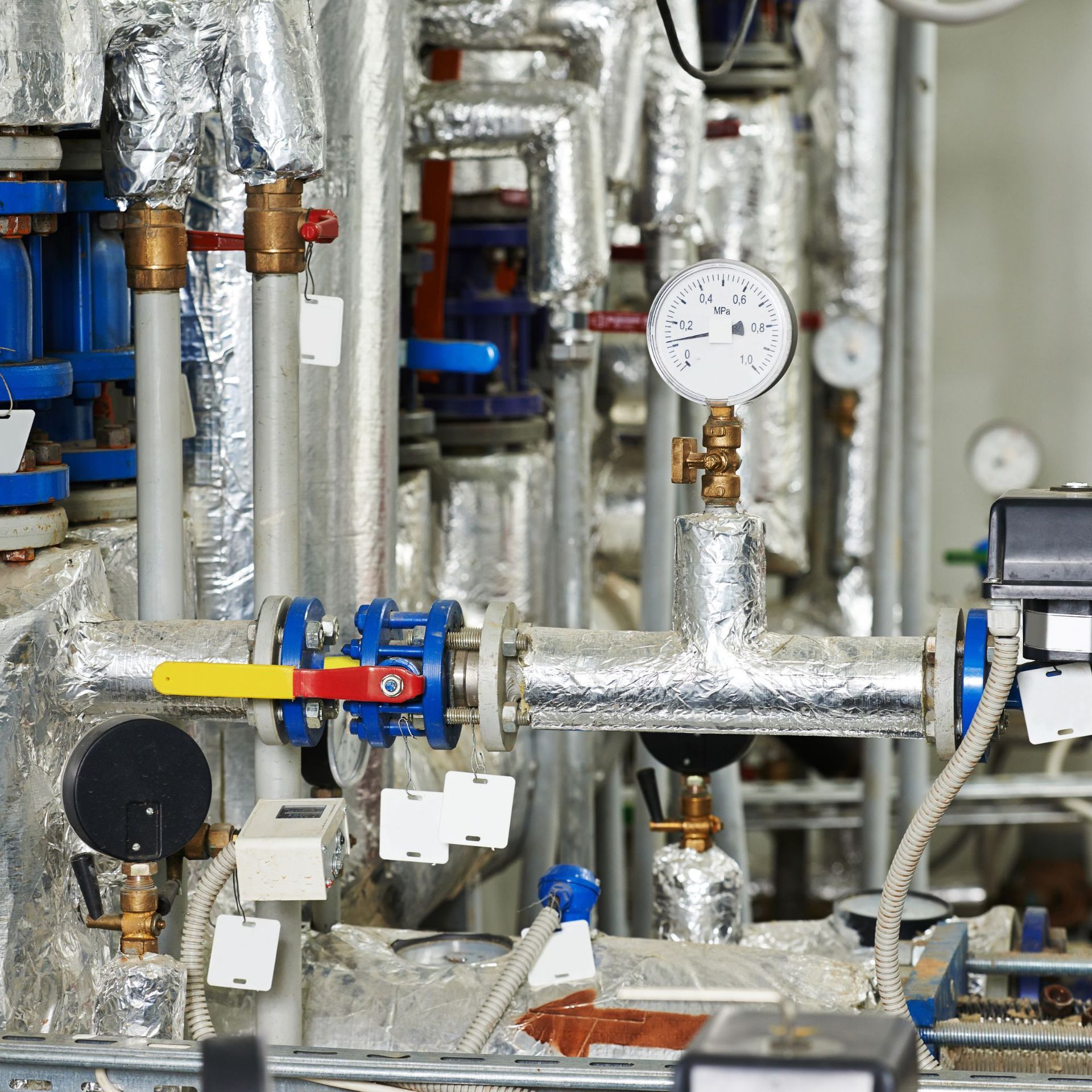 Above Comfort Mechanical LLC - Industrial pipes, valves, gauges, and insulation in a mechanical room.