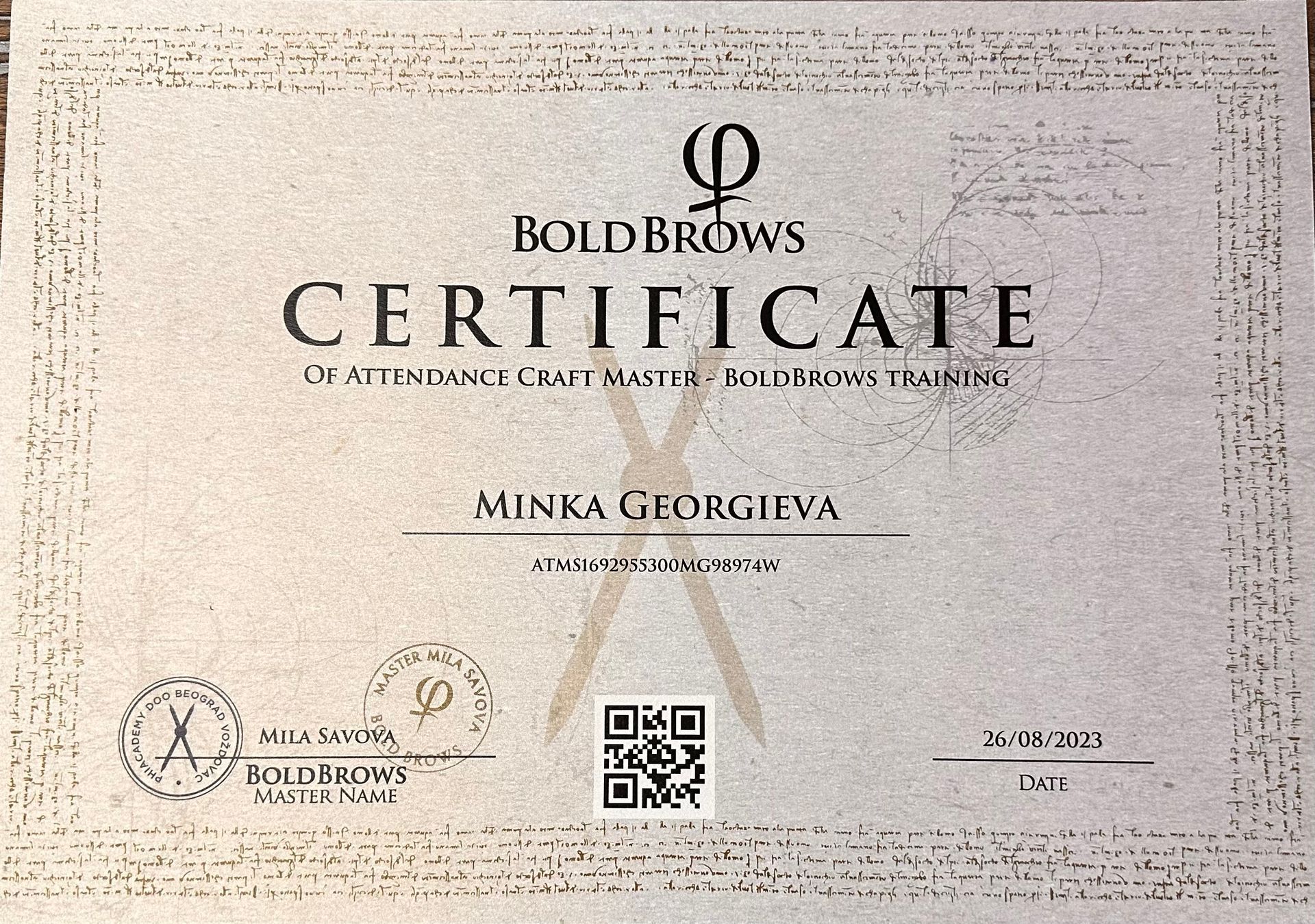 Ein Zertifikat mit der Aufschrift „Bold Brows“