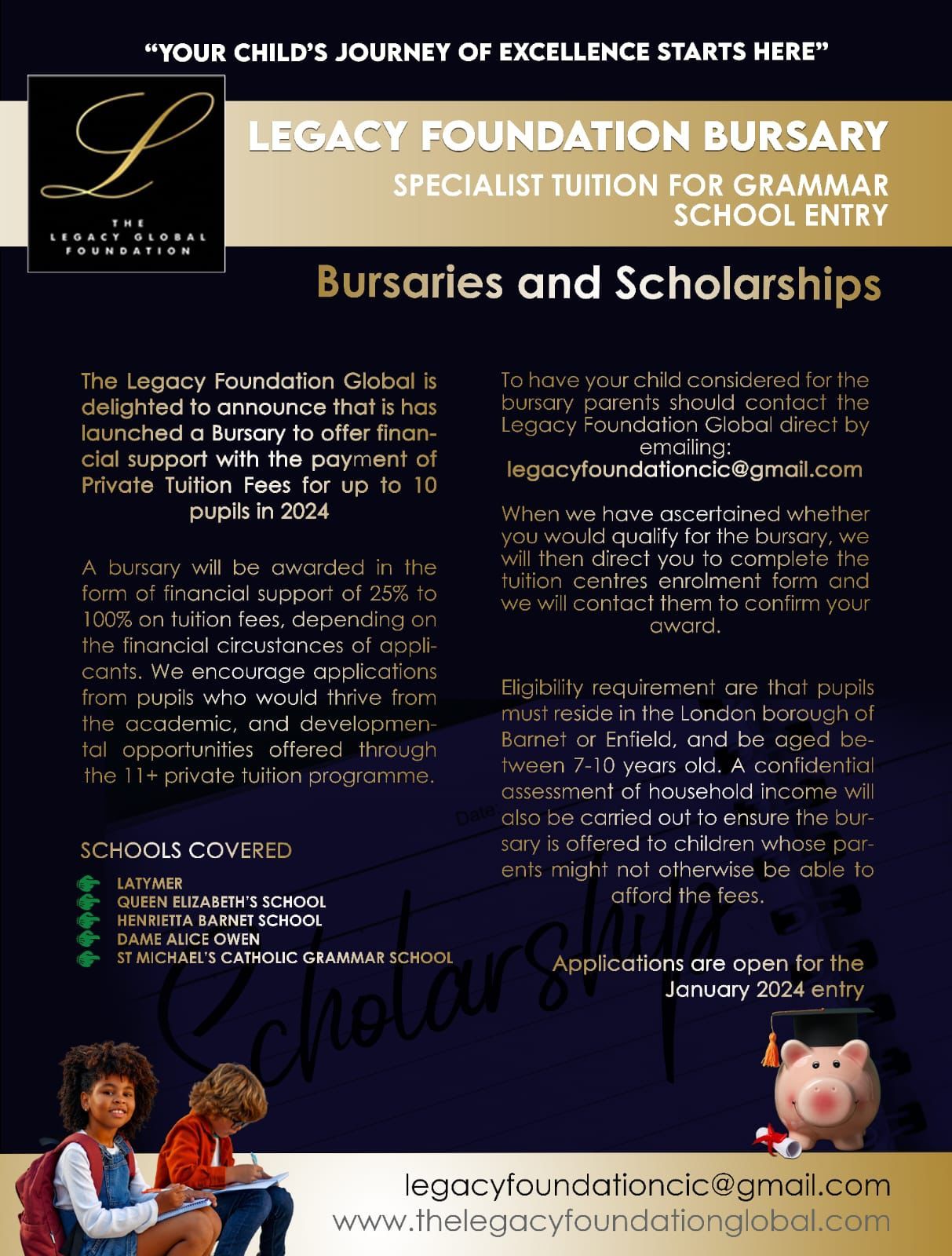 a flyer for legacy foundation bursary special tuition for grammar school entry