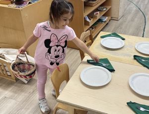 Girl in pink shirt setting a table with plates and napkins.