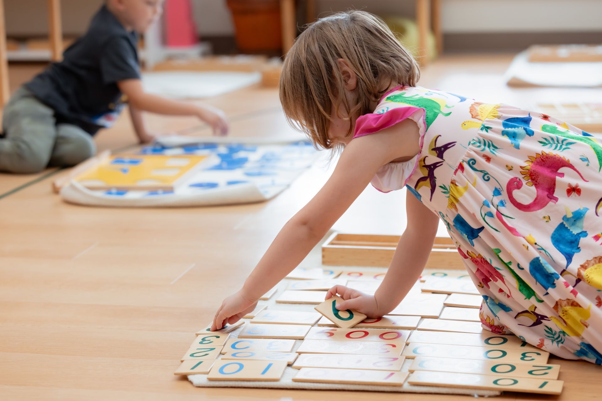 Montessori child working with math materials.