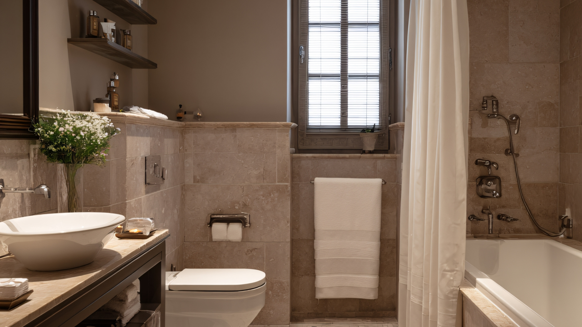 Bathroom with a white sink, toilet, bathtub, and window with a white shower curtain.