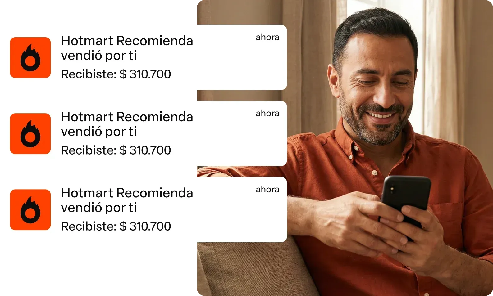 Usuário do celular recebendo notificações de recomendações do Hotmart em um cartão branco ao lado de ícones de aplicativos laranja.