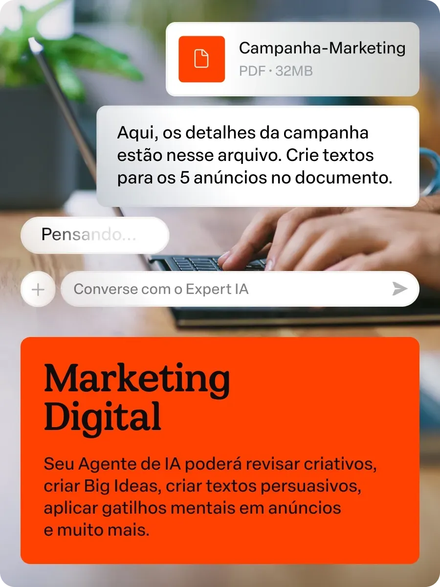 Marketing Digital

Seu Agente de IA poderá revisar criativos, criar Big Ideas, criar textos persuasivos, aplicar gatilhos mentais em anúncios e muito mais.