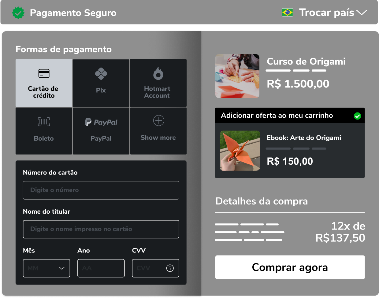 Uma captura de tela de uma página de checkout para um curso de origami