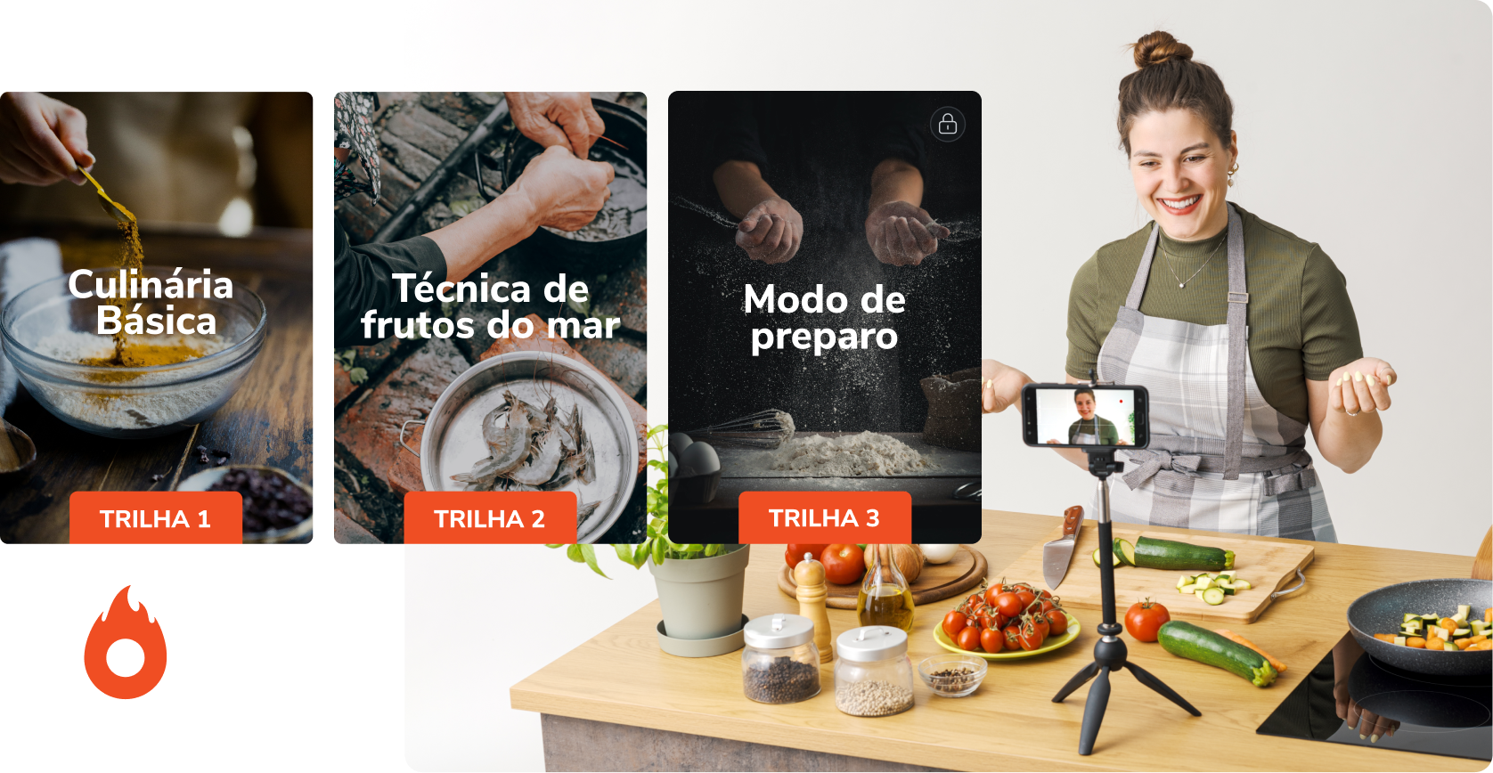 Uma mulher está cozinhando em uma cozinha com um celular em um tripé.