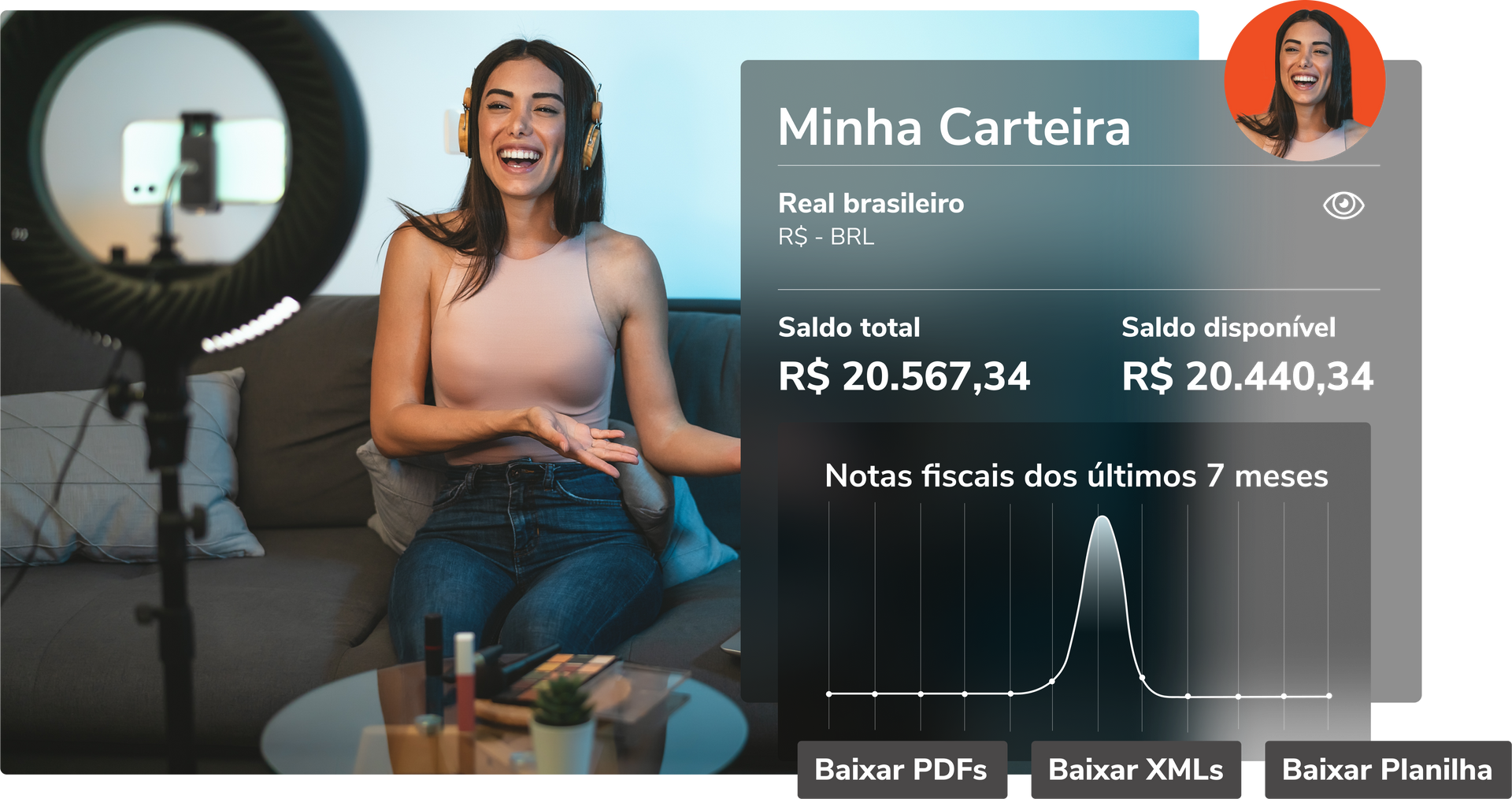 Uma mulher está sentada em um sofá em frente a um anel de luz.