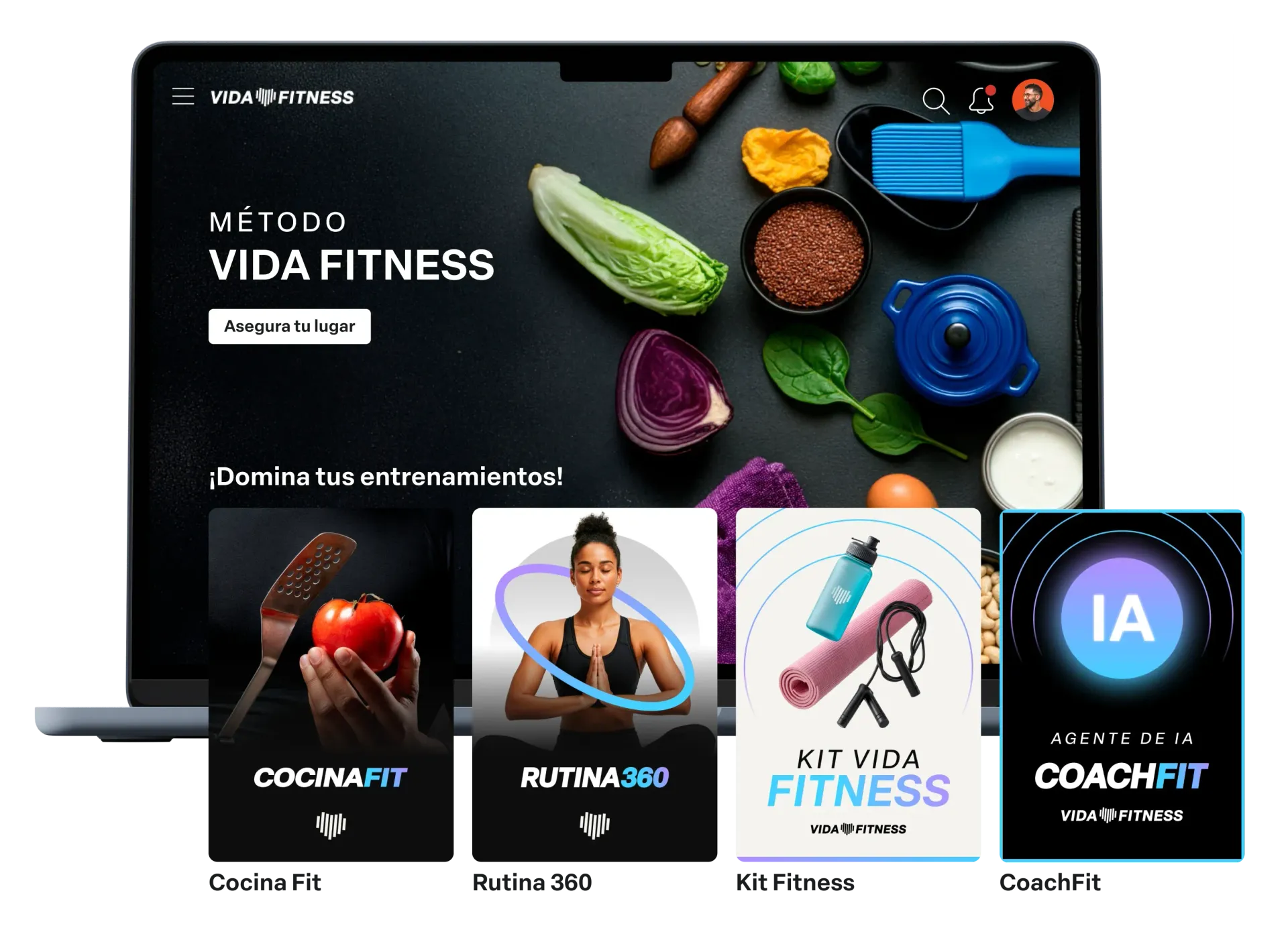 Página inicial da Metodologia VIDA FITNESS com blocos de exercícios, imagem do treinador e alimentos saudáveis ​​em fundo escuro.