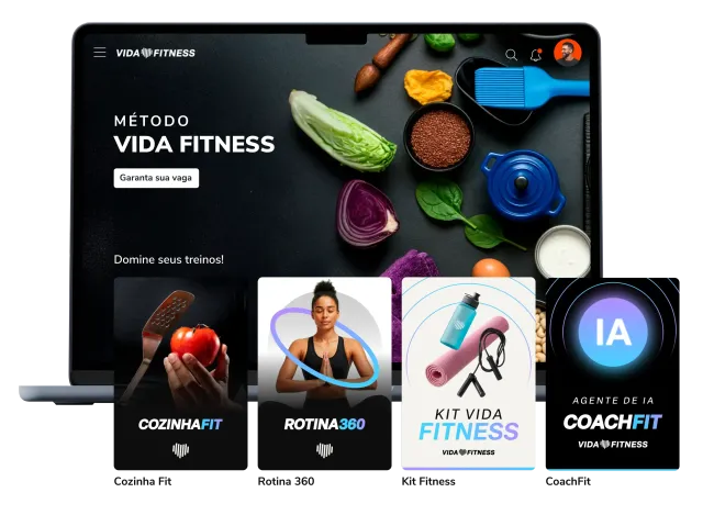Página inicial da Metodologia VIDA FITNESS com blocos de exercícios, imagem do treinador e alimentos saudáveis ​​em fundo escuro.
