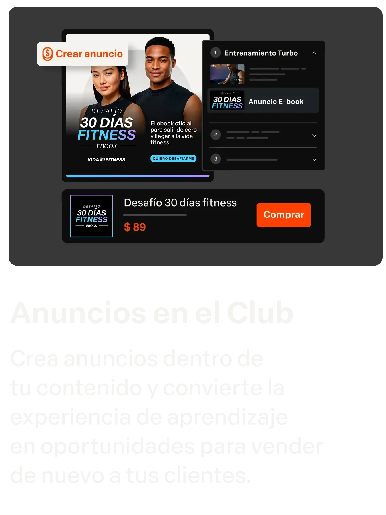 Anúncios no Club
Crie anúncios entre seus conteúdos e transforme a experiência de aprendizado  em oportunidades de vender  de novo para seus clientes.
