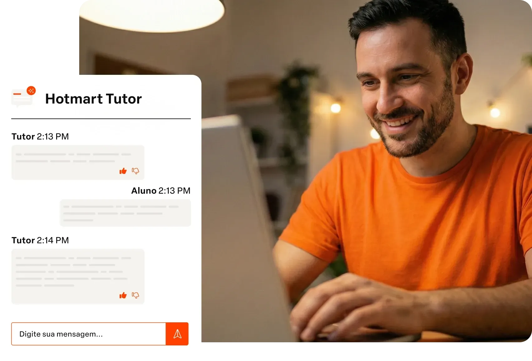 Uma mulher está sentada em frente a um laptop conversando com um homem.