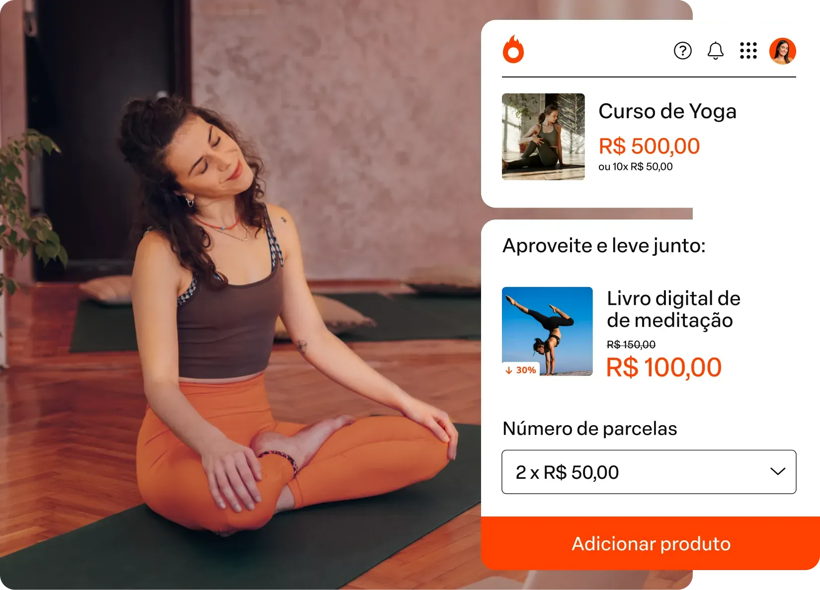 Mulher meditando ao lado de um curso de ioga e oferta de livros digitais, em um ambiente com decoração em tons de laranja.
