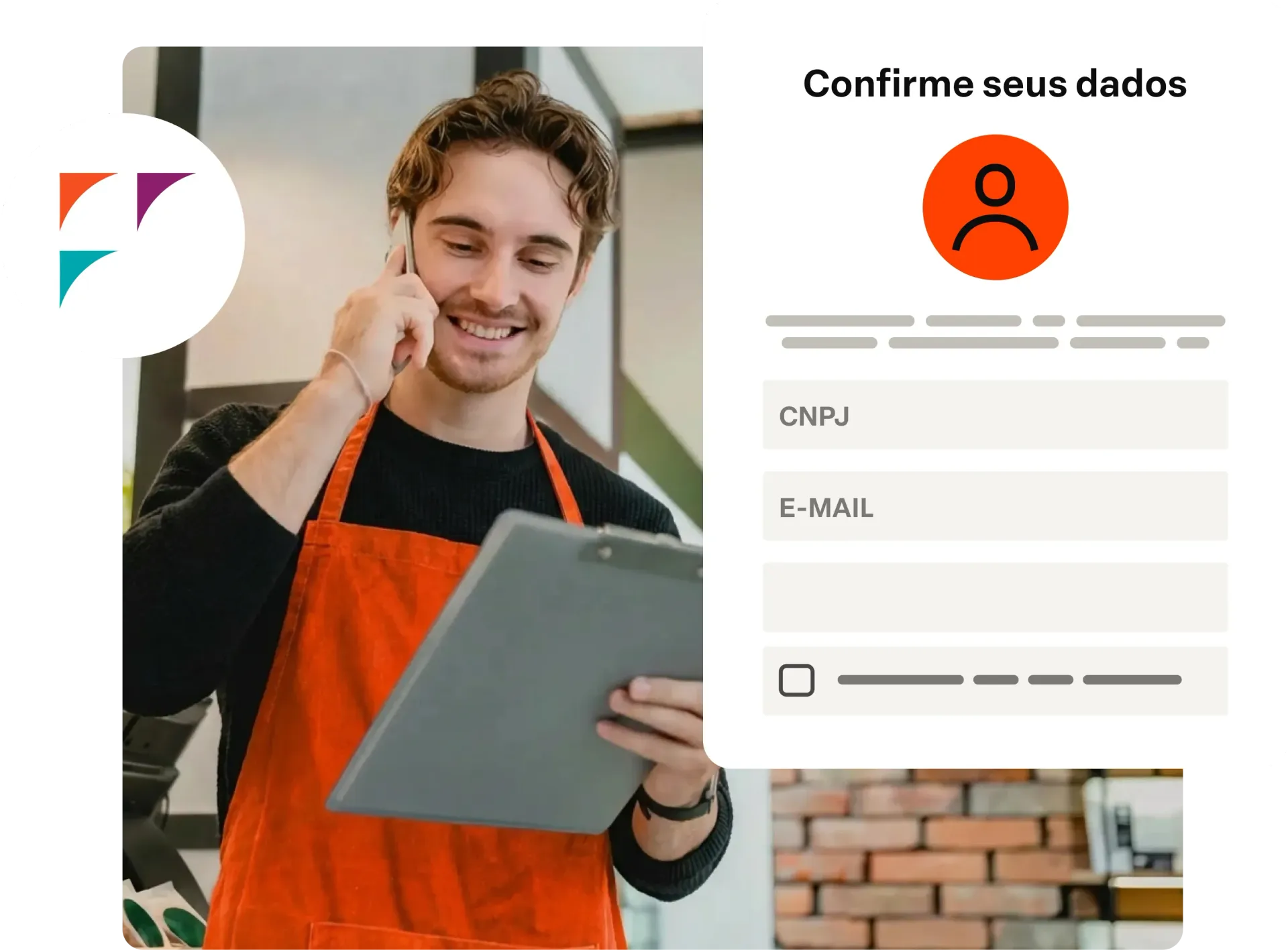 Um homem de avental está falando ao celular enquanto segura um recibo.