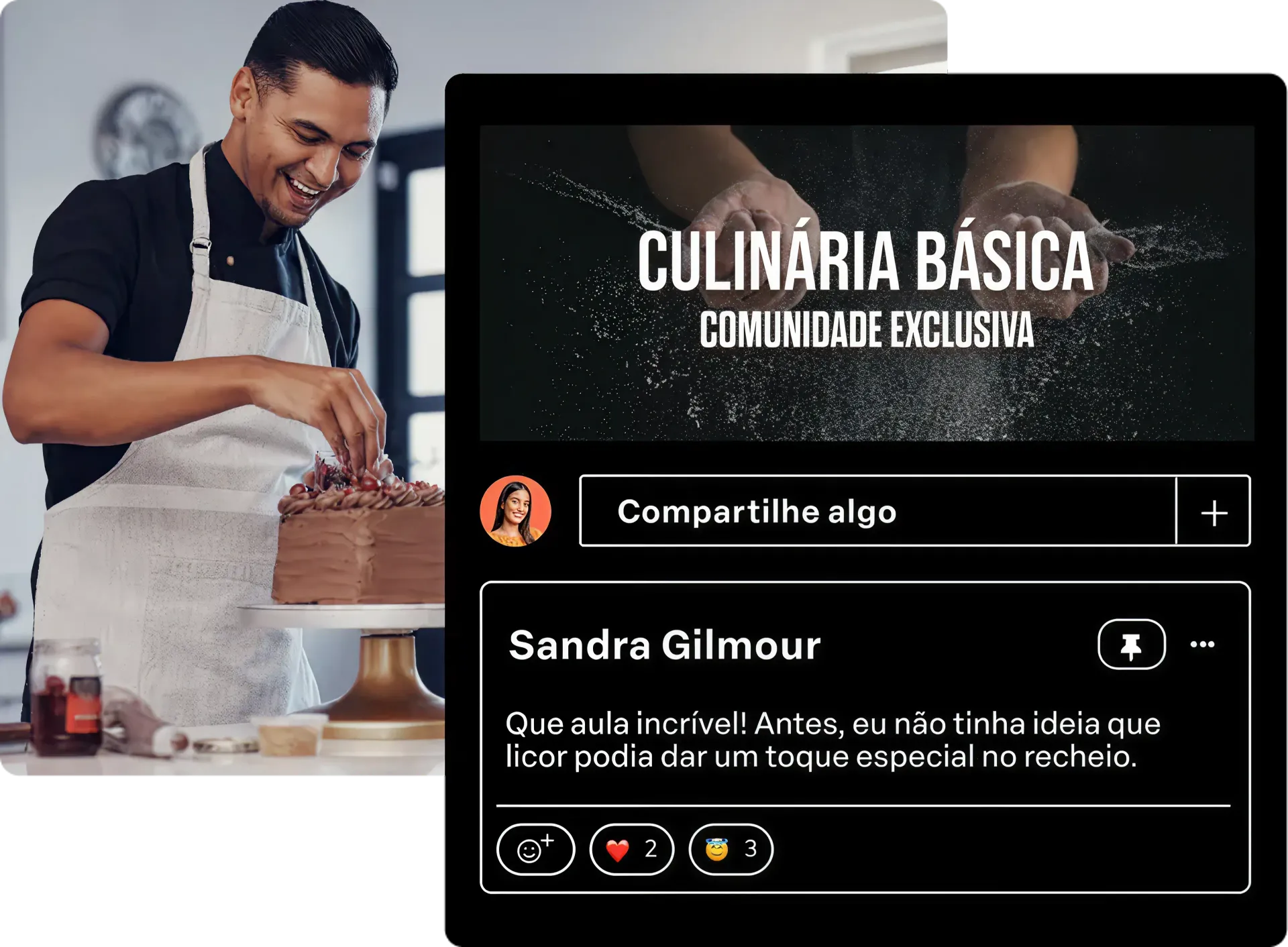 Um homem de avental está decorando um bolo na cozinha em sua comunidade exclusiva