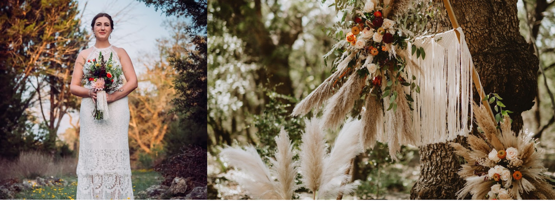 Woman in white dress holding bouquet outdoors beside floral wedding arch with dried blooms and greenery