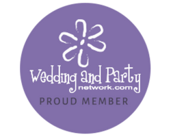 Purple Wedding and Party Network.com “Proud Member” logo with white flower icon
