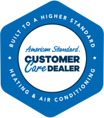 Blue hexagonal American Standard Customer Care Dealer logo with the slogan