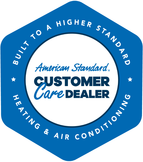 Blue hexagonal logo for an American Standard Customer Care Dealer in Heating & Air Conditioning.