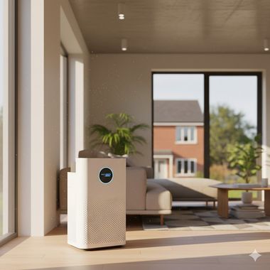 Air purifier in a sunlit living room; a house visible through the window.