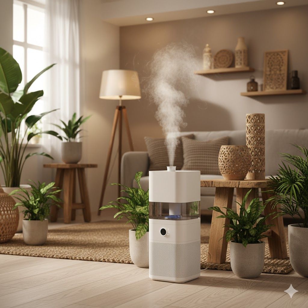 Humidifier in a bright living room, surrounded by plants. Warm wood tones, neutral walls, and natural light.