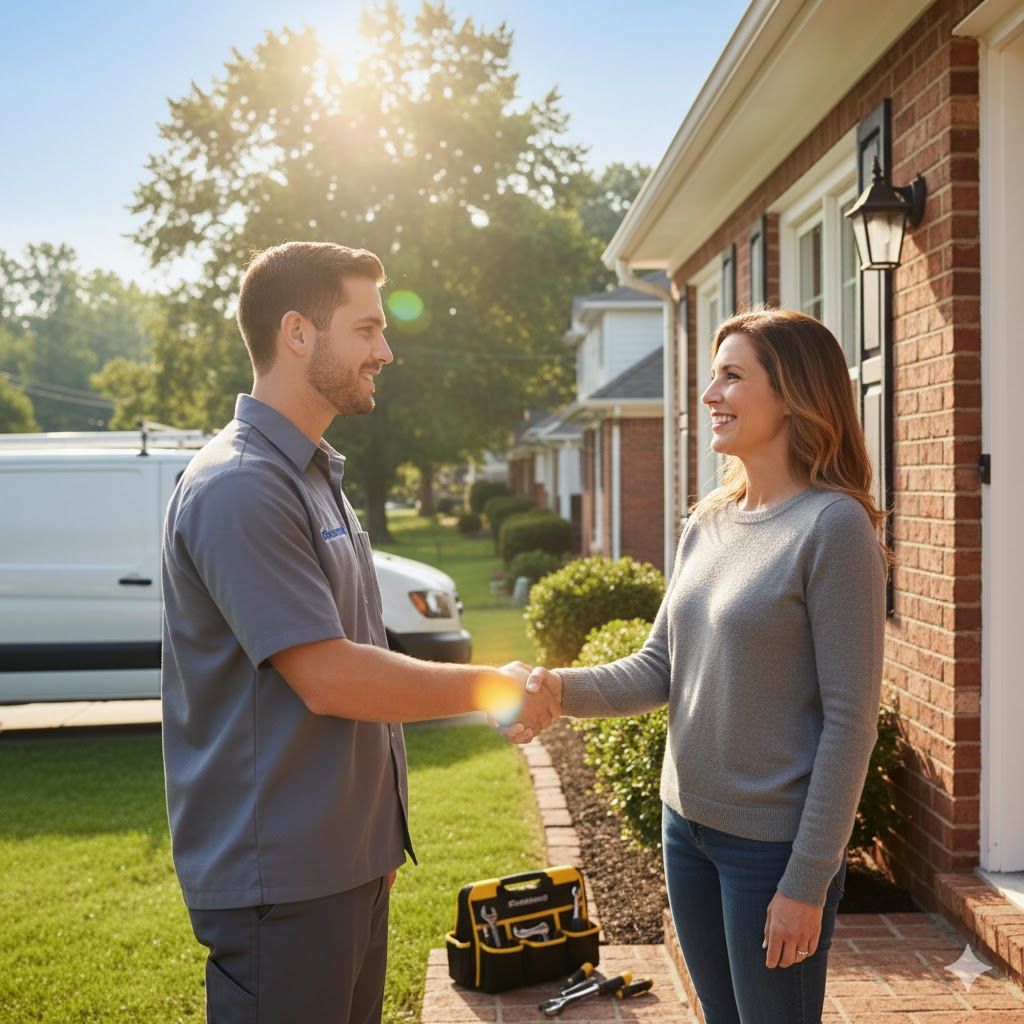 Man in uniform shakes hands with woman in front of a house; toolbox nearby, van in background.