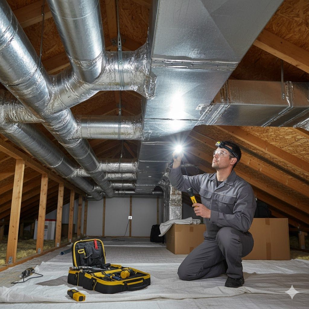 A person inspects ductwork in an attic, using a flashlight and wearing a headlamp.