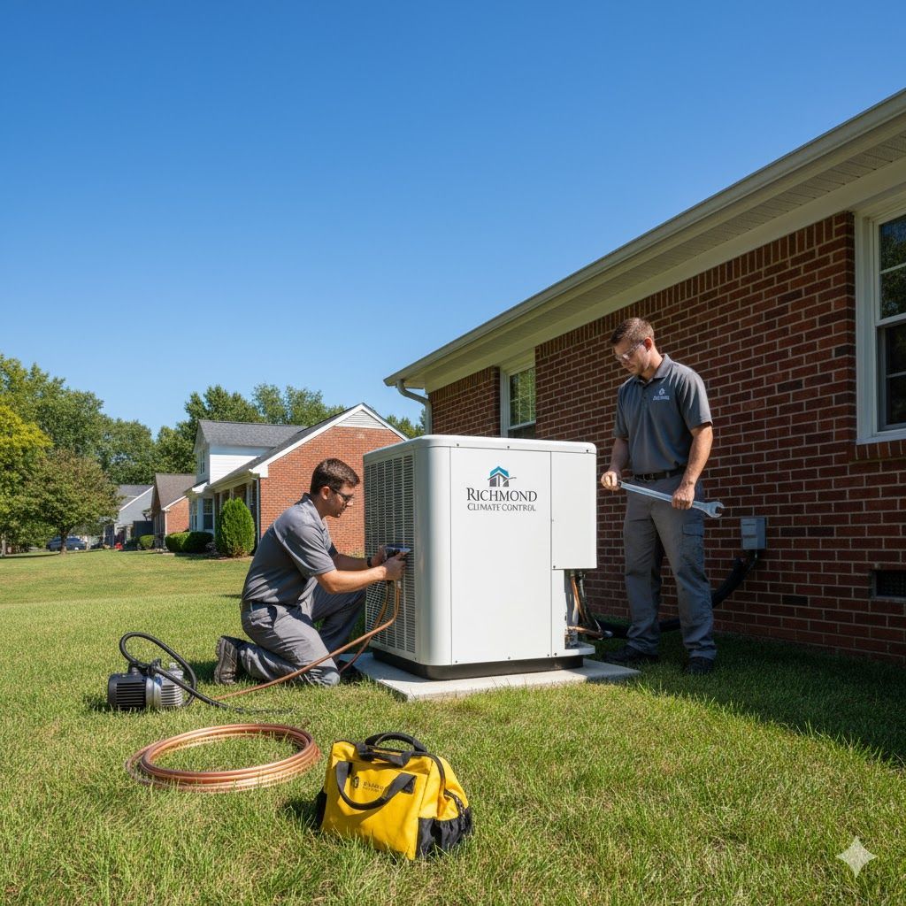 Two HVAC technicians servicing an outdoor unit next to a brick house on a sunny day.