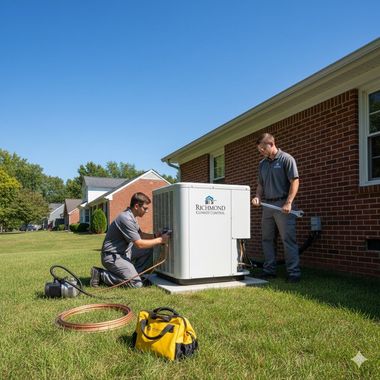 Two HVAC technicians servicing an outdoor unit next to a brick house on a sunny day.