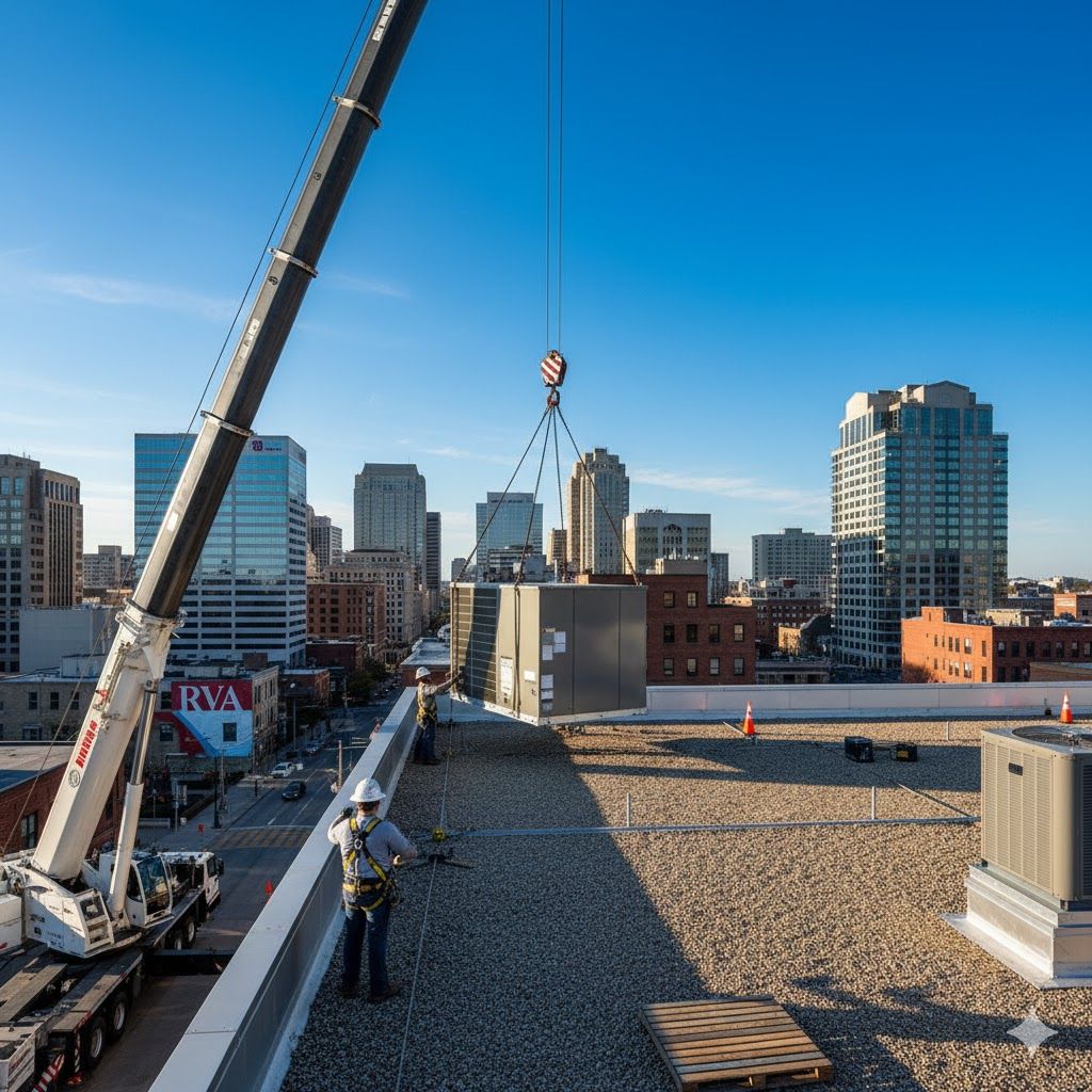 Crane lifting equipment onto a city building rooftop. Construction worker watches. Sunny day. Cityscape in background.