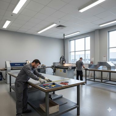 Two workers in a metal fabrication workshop; one measures, the other works with machinery; overhead lights.