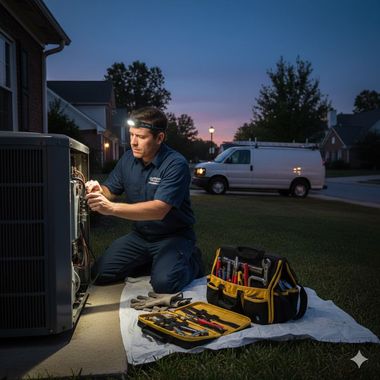 HVAC technician kneeling at outdoor unit, working at dusk, illuminated by headlamp. Toolbox and van in background.
