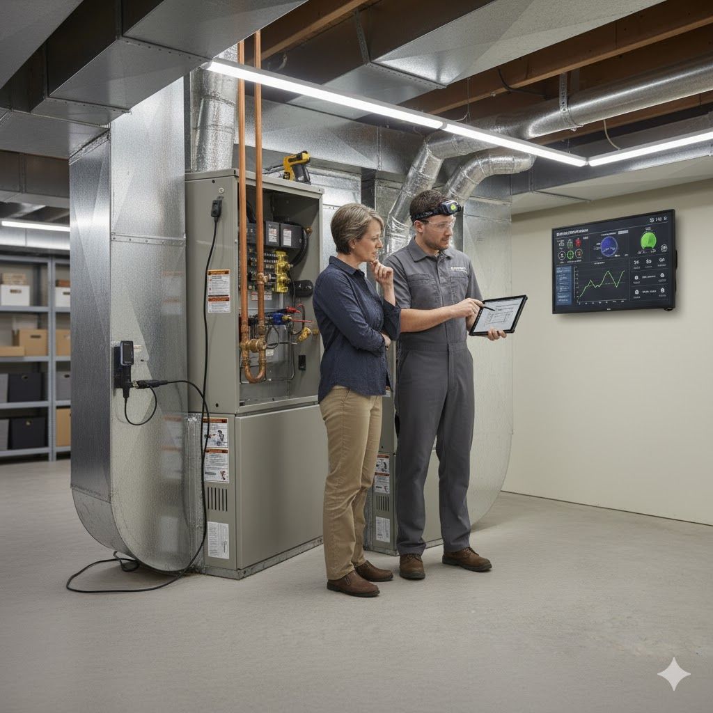 A technician and a woman examine a furnace, looking at a tablet and a wall-mounted display in a basement.