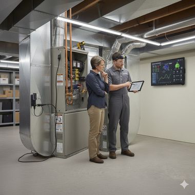 A technician and a woman examine a furnace, looking at a tablet and a wall-mounted display in a basement.