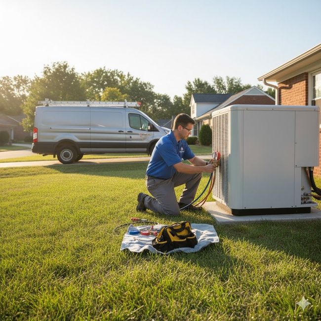 HVAC technician kneeling by outdoor unit, connecting hoses, with van and house in background on a sunny lawn.