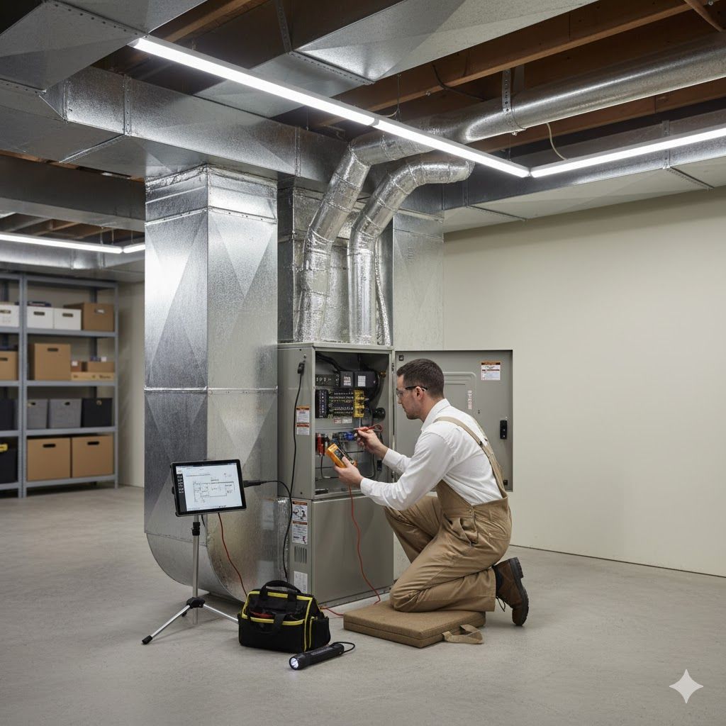 Technician working on a furnace in a basement, using a tablet and tools.