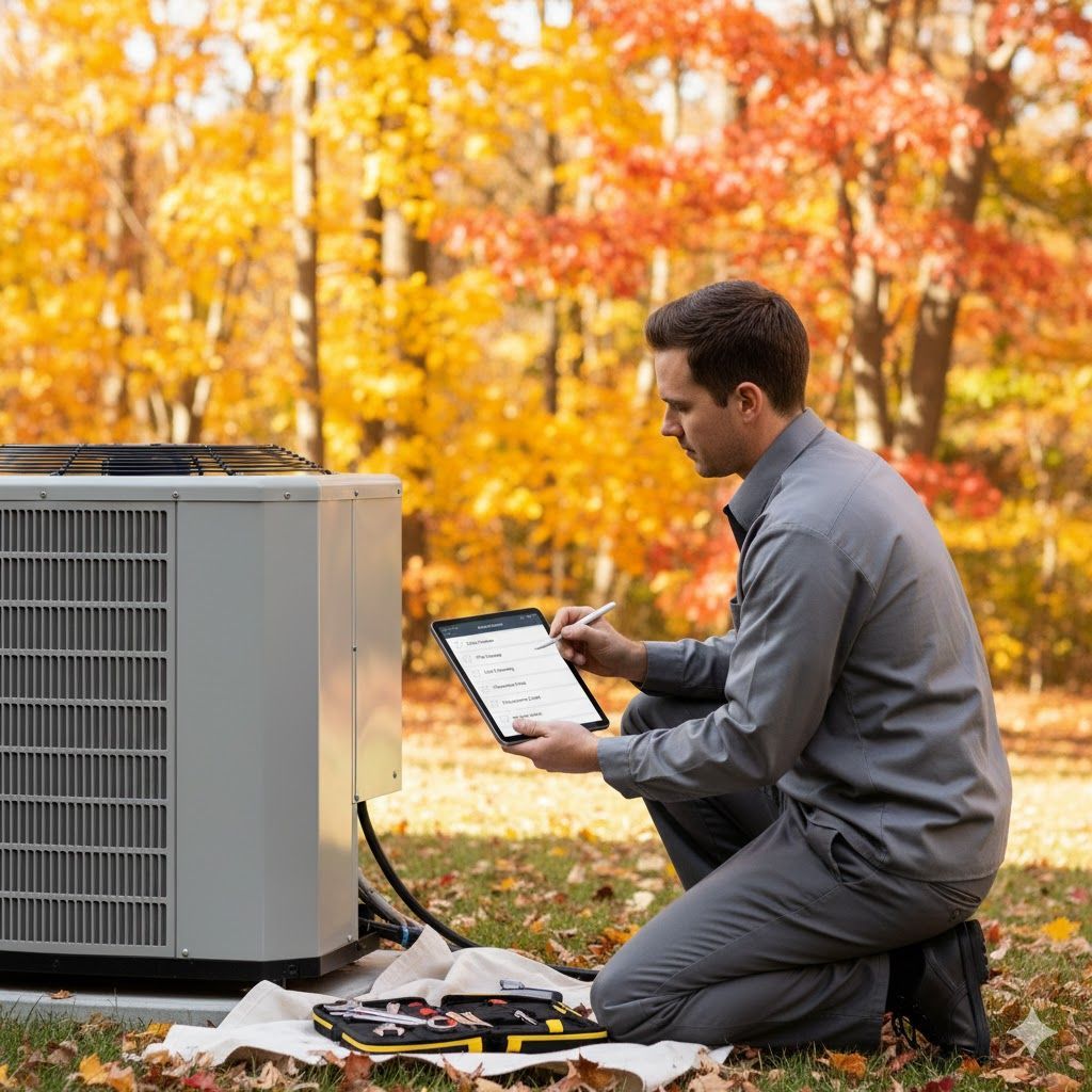 HVAC technician kneels near outdoor unit, inspecting tablet. Tools and fall foliage.