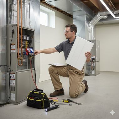 HVAC technician examines furnace, holding a filter. Tools and clipboard on floor in basement.