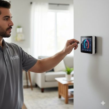 Man adjusting a smart thermostat on a white wall in a living room.