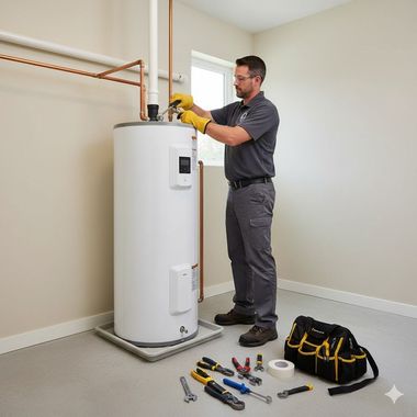 Plumber in gray uniform works on a white water heater in a utility room. Tools and bag on floor.