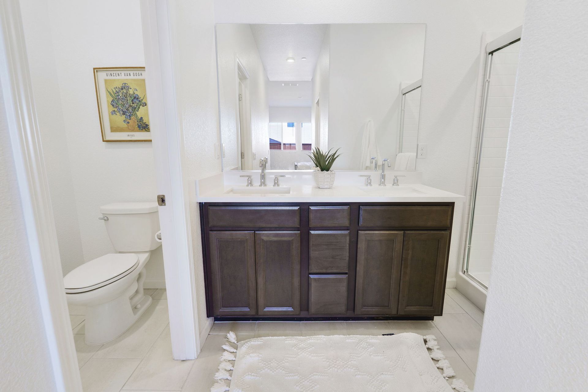 Bathroom with a double vanity and a toilet. The vanity is dark brown, and the walls are white.