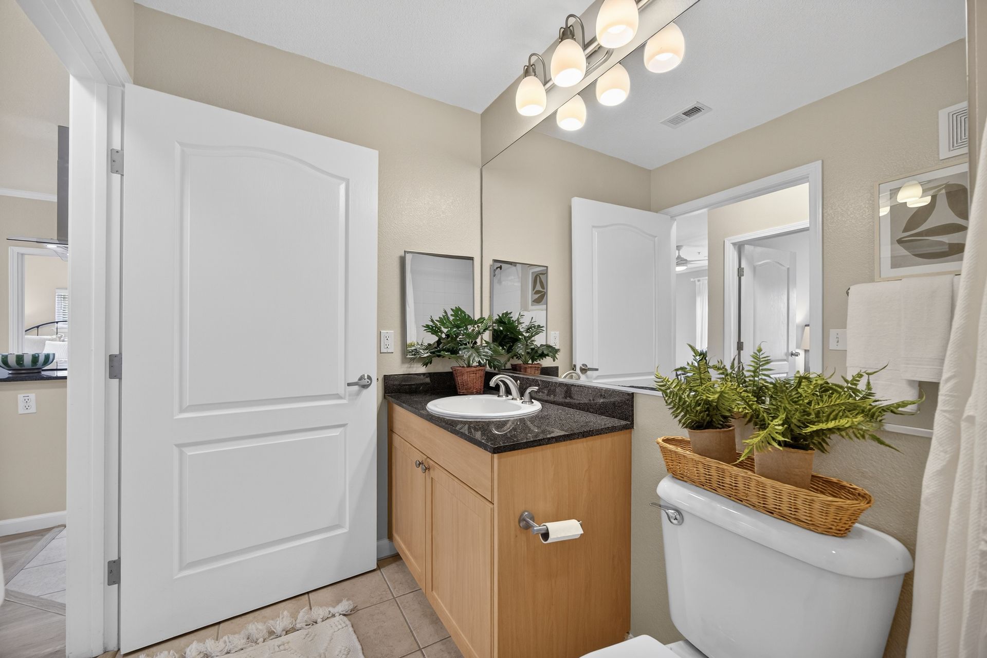 Bathroom with wooden vanity, toilet, and plants on the counter. White door on the left and a mirror.