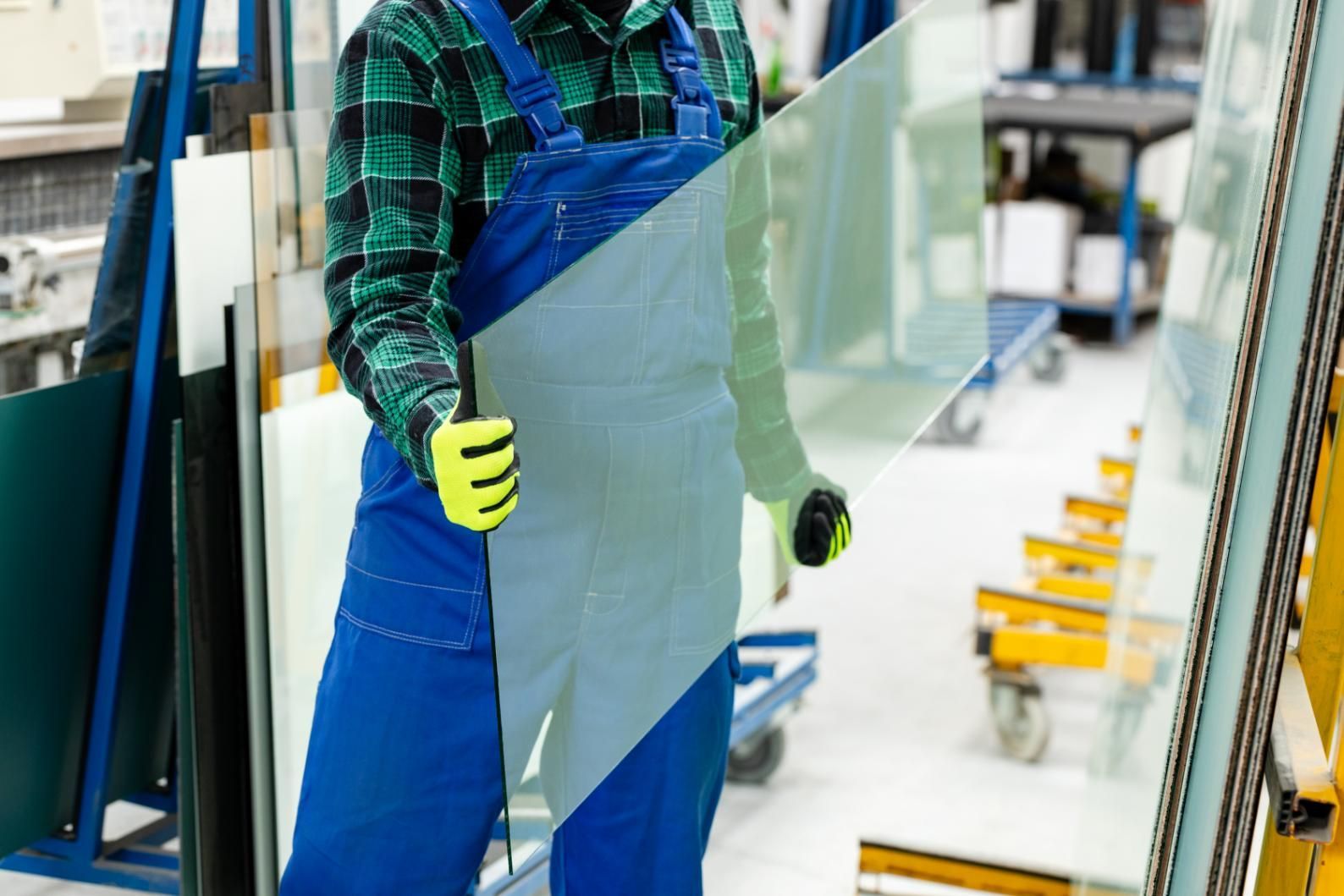 Man is Holding a Large Piece of Glass in a Factory — Glass & Window Centre, Dubbo, NSW