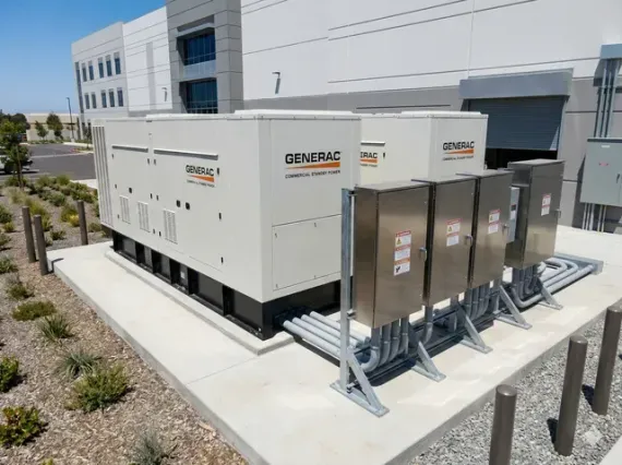 Black pipes and fittings attached to a light-colored brick building.