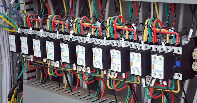 An electrical control panel featuring a row of relay modules wired with multi-colored cables connected to terminals.