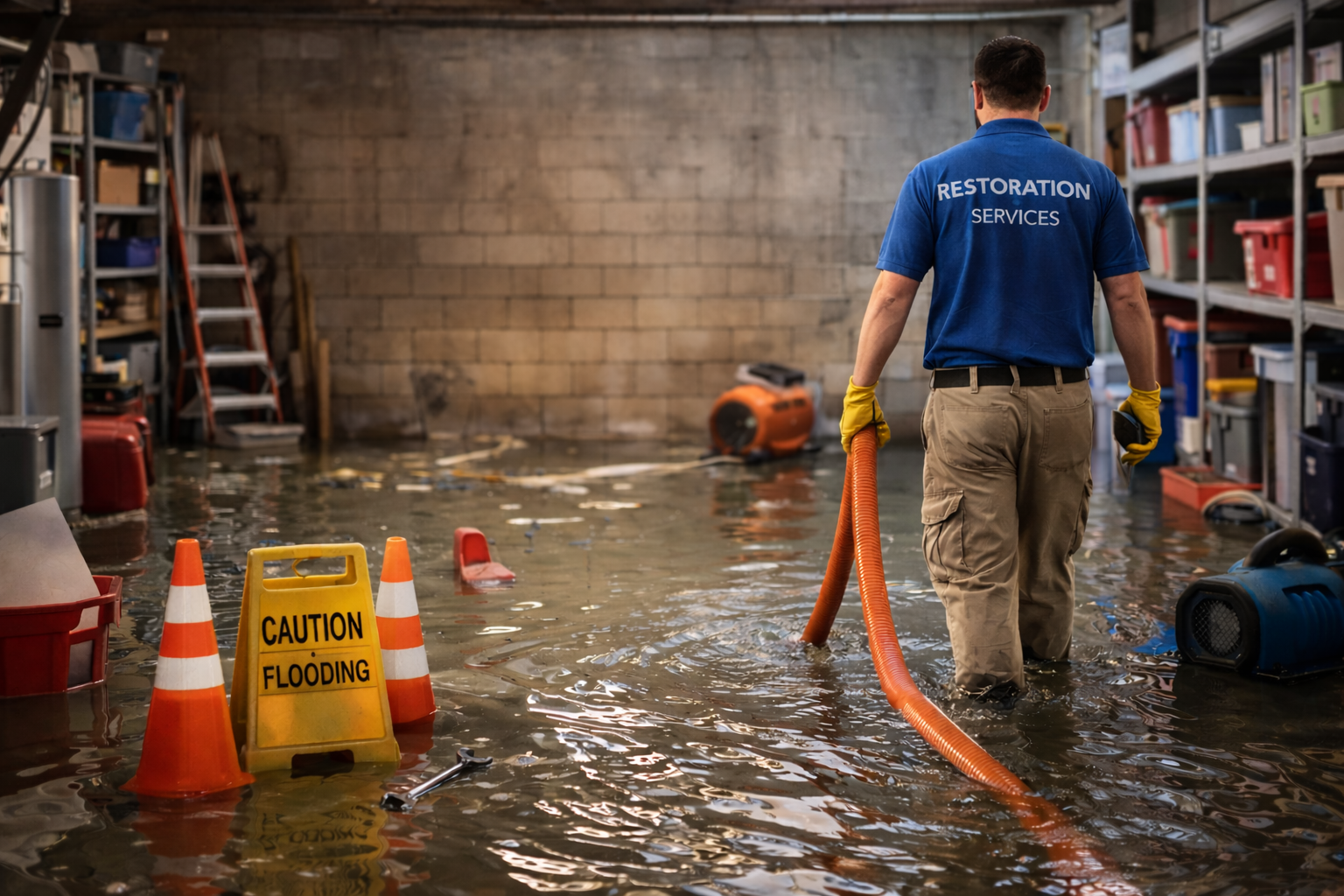Flooded basement restoration in progress