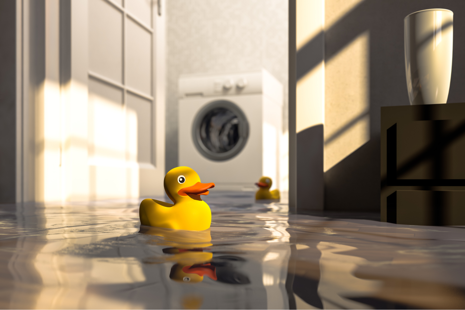 A yellow rubber duck is floating in a flooded room next to a washing machine.
